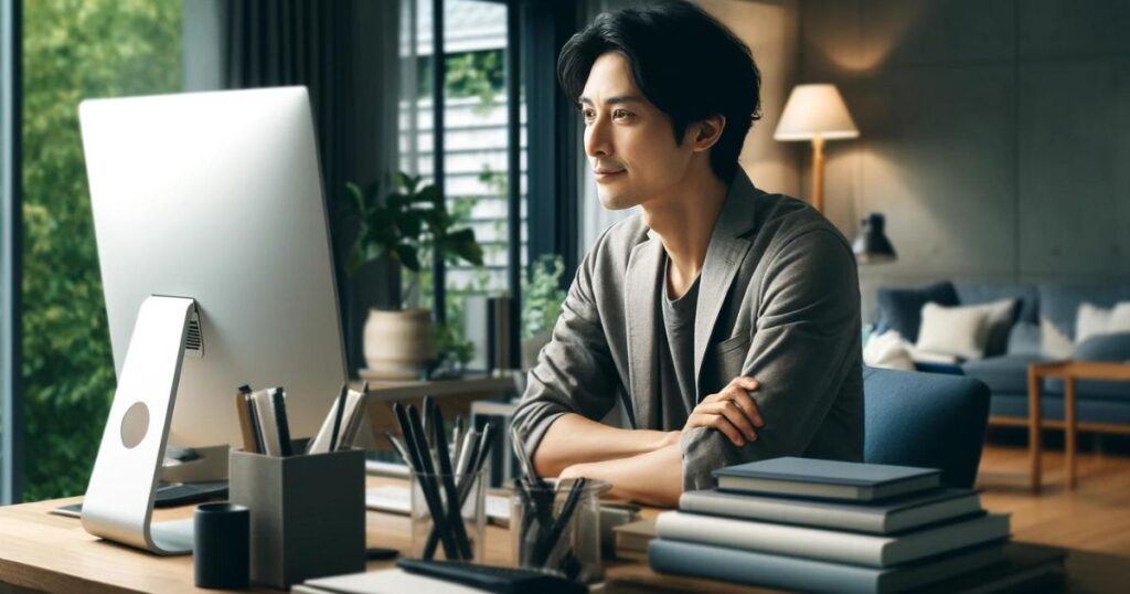 日本人の個人がモダンな自宅オフィスでデスクに座り、不動産情報ライブラリの利用後に達成感と満足感を感じている様子