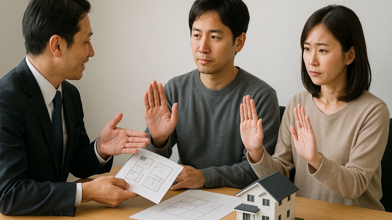 住宅提案を丁寧に断る日本人カップルと営業マンの実写風シーン