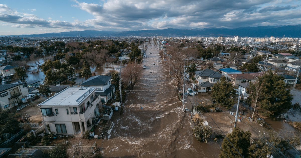 地盤や立地は資産価値に直結します 浸水被害のリスクがある住宅地の航空写真