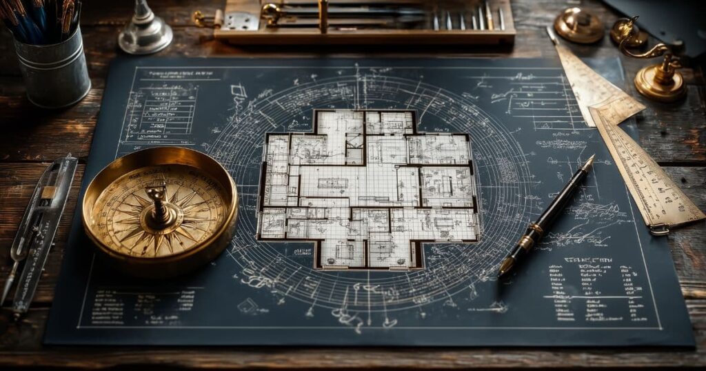 建築士のデスクに広げられた間取り図面と風水羅盤｜鬼門トイレの論理的対策
