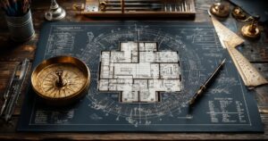 建築士のデスクに広げられた間取り図面と風水羅盤｜鬼門トイレの論理的対策