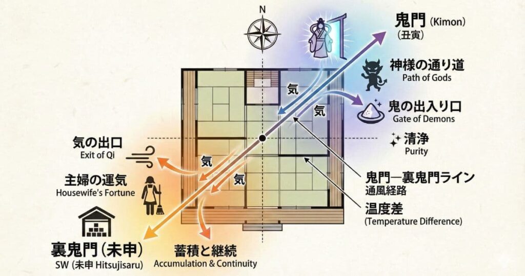 鬼門(北東)と裏鬼門(南西)の方位と意味を示した図解｜神様の通り道・鬼の出入り口・通風経路