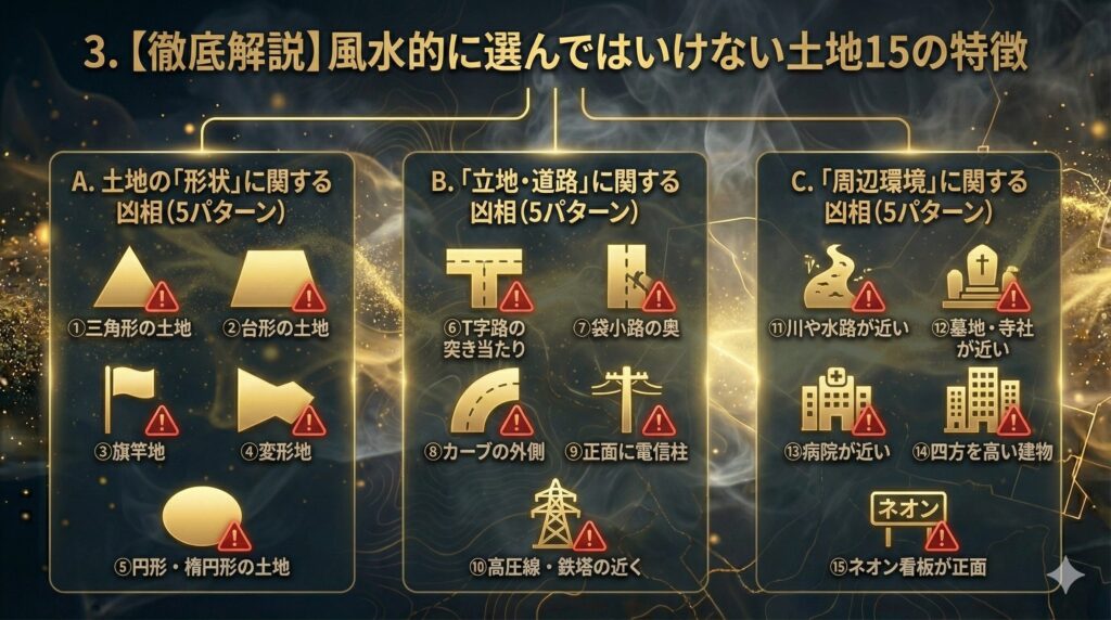 三角形の土地やT字路など、避けるべき土地の形状・立地を網羅したアイコン付きの図解。