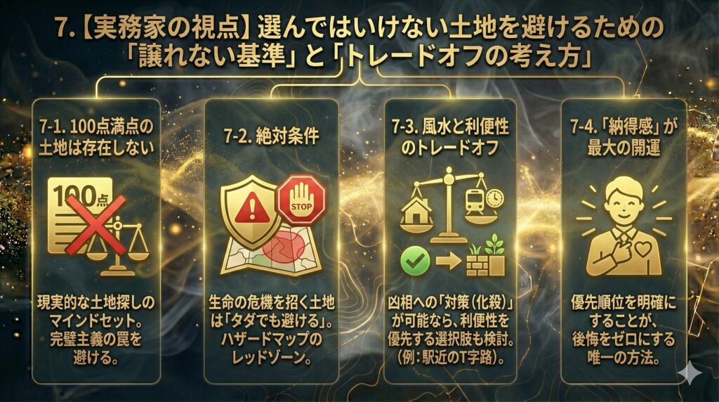 命を守る基準を最上位に置いた、土地選びの優先順位(トレードオフ)を示すピラミッド図。