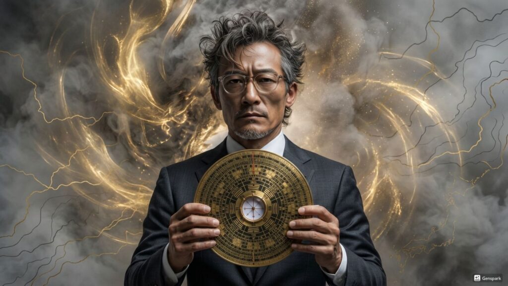 土地選びの風水鑑定を行う知的な専門家。手元に羅盤を持ち、背景には金色の気の流れと地図の等高線が描かれた神秘的かつプロフェッショナルなイメージ。