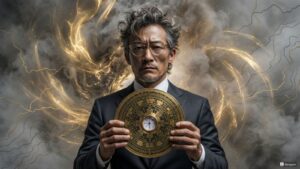 土地選びの風水鑑定を行う知的な専門家。手元に羅盤を持ち、背景には金色の気の流れと地図の等高線が描かれた神秘的かつプロフェッショナルなイメージ。