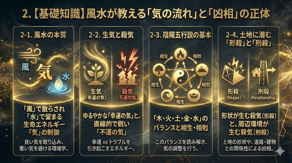 生気(ゆるやかな流れ)と殺気(鋭い流れ)の対比を描いた、風水の基本原理の図解。