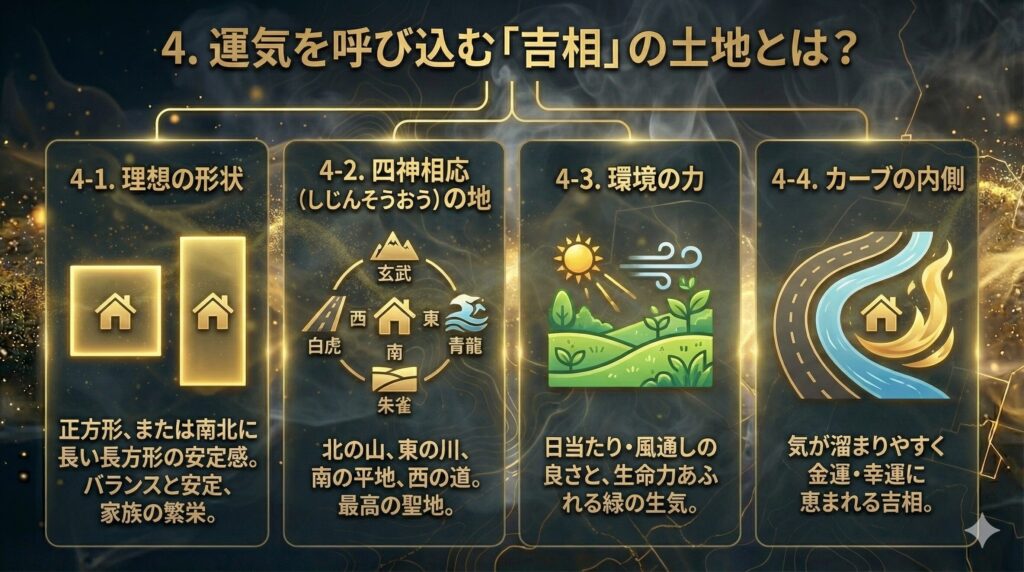 正方形の土地や四神相応(山、川、道)の配置を描いた、理想的な土地の図解。