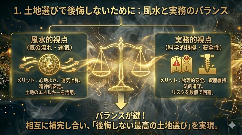 土地選びにおける「風水と実務のバランス」を象徴するインフォグラフィック。金色のエネルギー(気の流れ)と精密な等高線グラフィックが融合した、知的で神秘的なデザイン。
