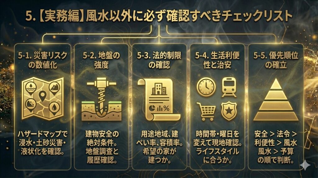 ハザードマップや地盤調査、法的制限など、実務で必須の確認項目を並べたチェックリスト図。