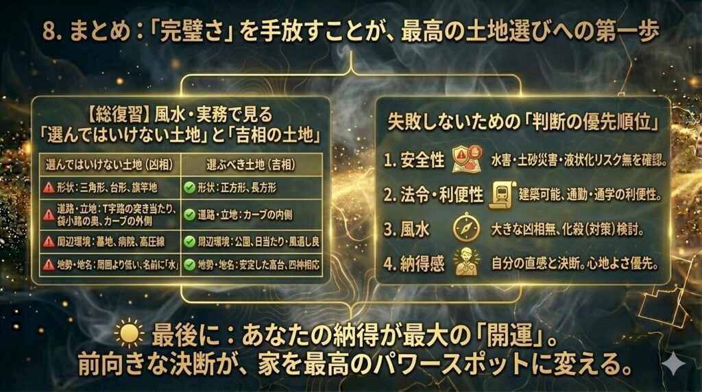 「納得感」を中心に、吉相と凶相、優先順位を振り返るまとめのインフォグラフィック。