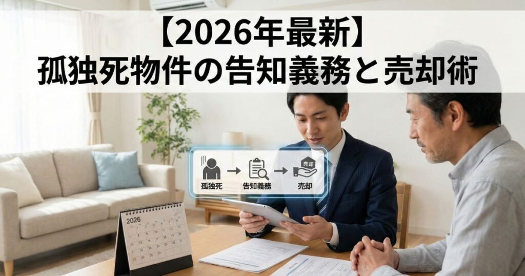不動産業者から孤独死物件の売却と告知義務について説明を受ける男性と、2026年のカレンダー