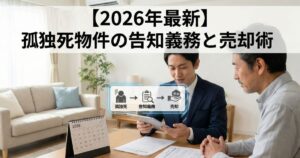不動産業者から孤独死物件の売却と告知義務について説明を受ける男性と、2026年のカレンダー