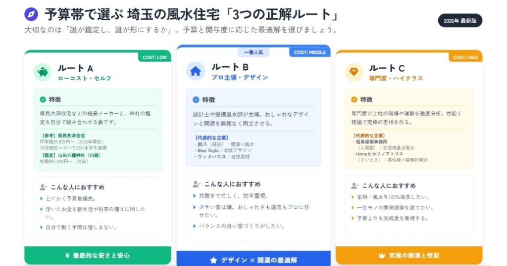埼玉での風水住宅選びにおける3つの正解ルート（ローコスト・セルフ、プロ主導・デザイン、専門家・ハイクラス）を予算帯別に比較した解説図