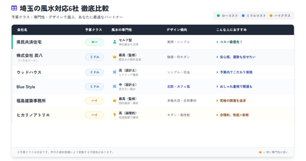 埼玉の風水・家相対応ビルダー6社（県民共済住宅、炭八、ウッドハウス、Blue Style、福島建築事務所、ヒカリノアトリエ）を予算、専門性、デザイン傾向で比較した一覧表
