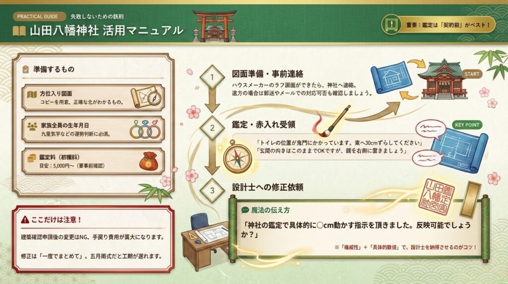 山田八幡神社の家相鑑定活用マニュアル。準備するもの（方位入り図面・生年月日・初穂料）、鑑定の流れ、設計士への修正依頼のコツの解説図