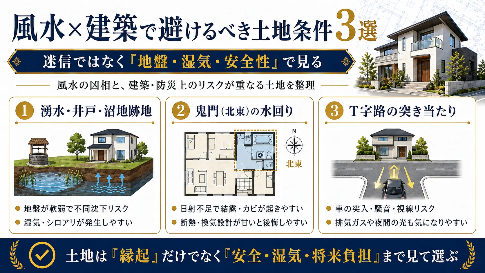 風水と建築の視点から避けたい土地条件3選を示す図解画像