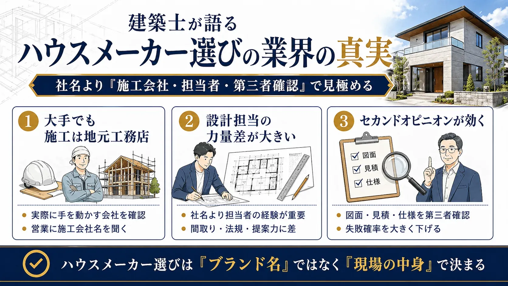 建築士が語るハウスメーカー選びの業界の真実をまとめた図解画像