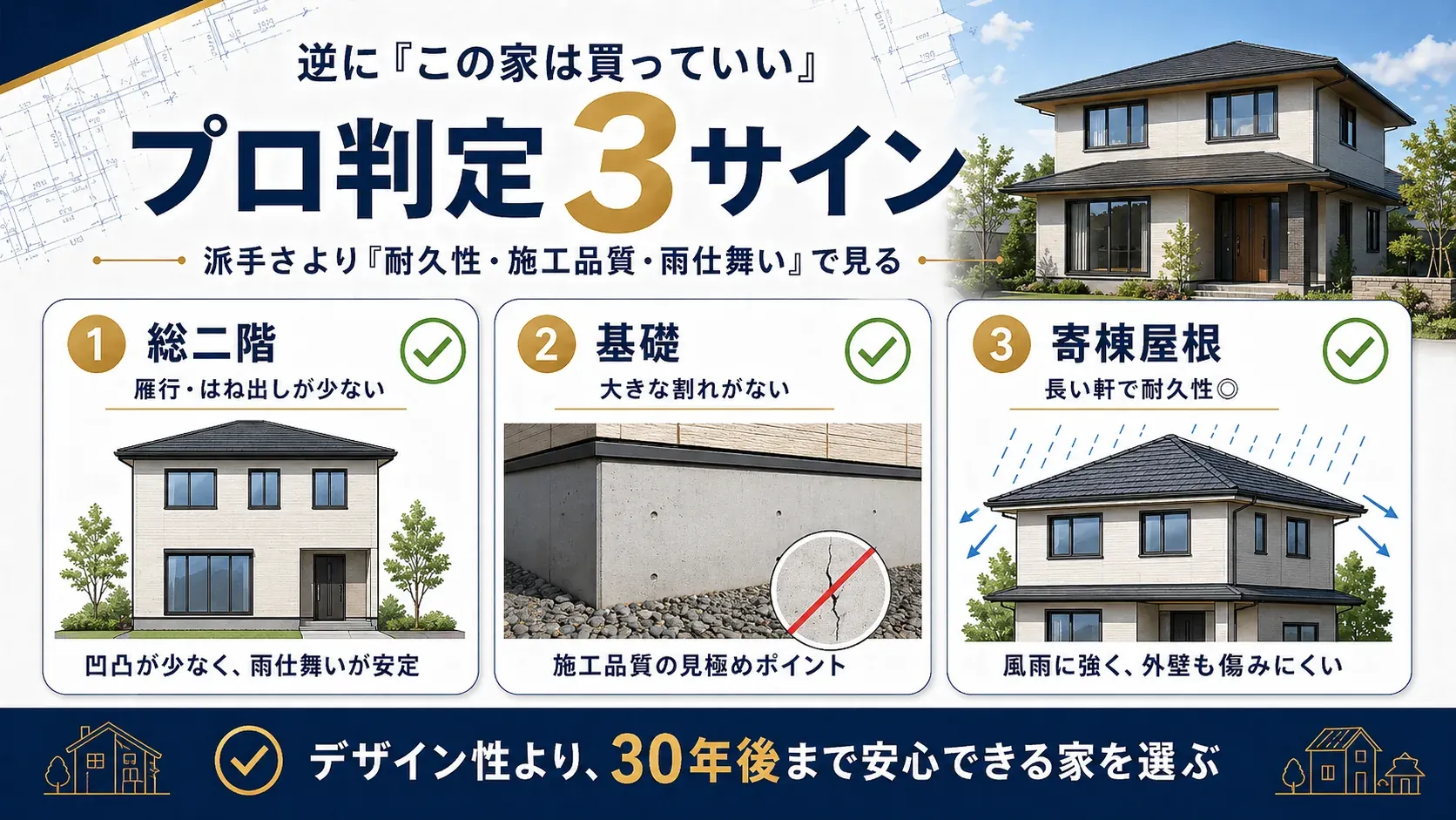 プロが買っていいと判断する戸建ての3つの外観サインを示す図解画像