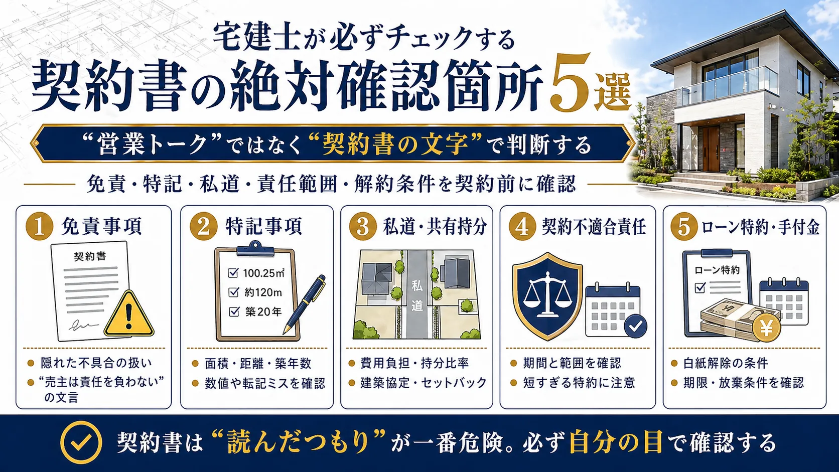 宅建士が戸建購入時に確認する契約書の重要チェック箇所5選を示す画像