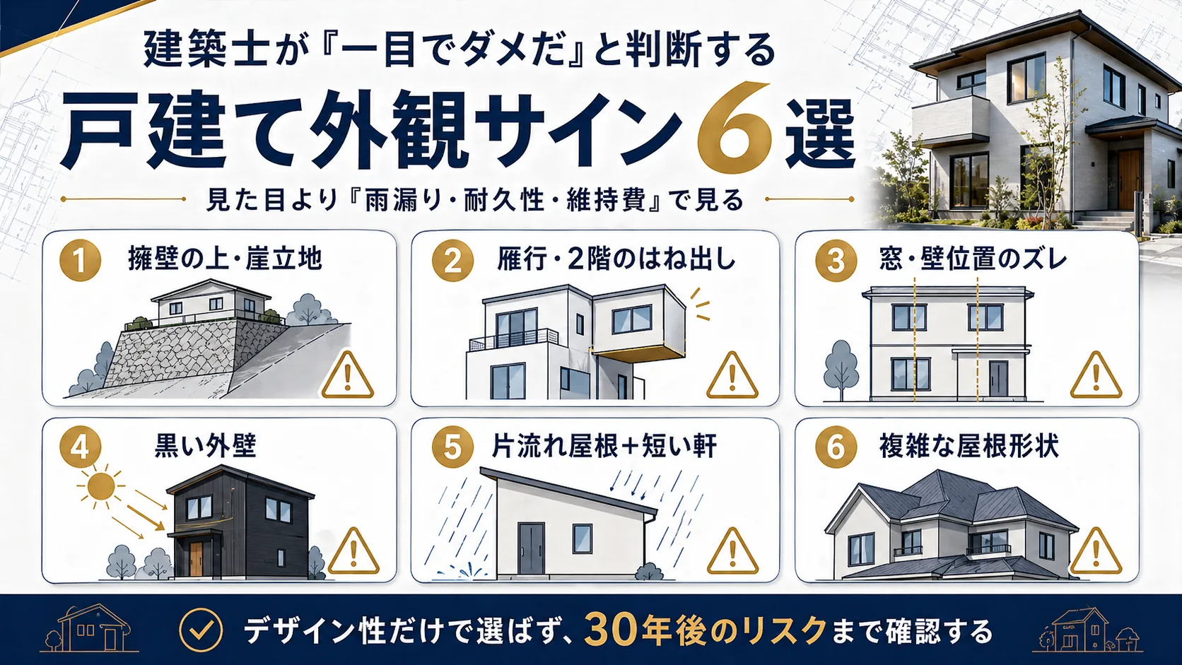 建築士が注意する戸建て外観の危険サイン6選をまとめた図解画像