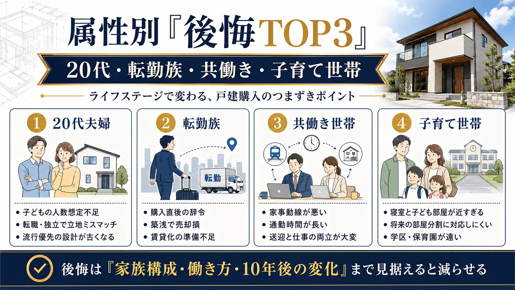 20代夫婦、転勤族、共働き世帯、子育て世帯の戸建購入後悔TOP3を示す画像