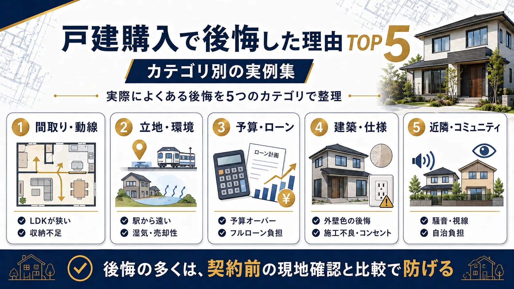 戸建購入で後悔した理由TOP5をカテゴリ別に整理した図解画像