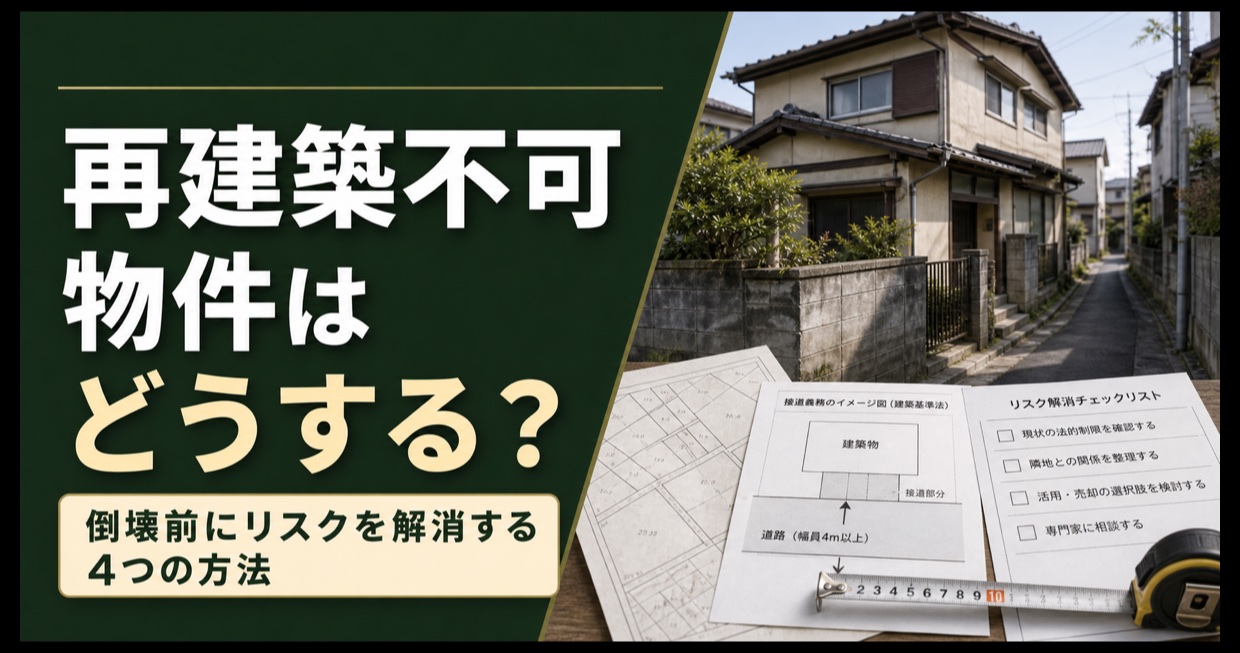 再建築不可物件の狭い接道と法的条件を確認する画像