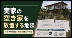 管理されていない実家の空き家と仲介・買取りの選択肢を示す画像