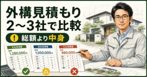 外構見積もり3社を比較する住宅の専門家と、総額より中身を見る重要性を示したアイキャッチ画像