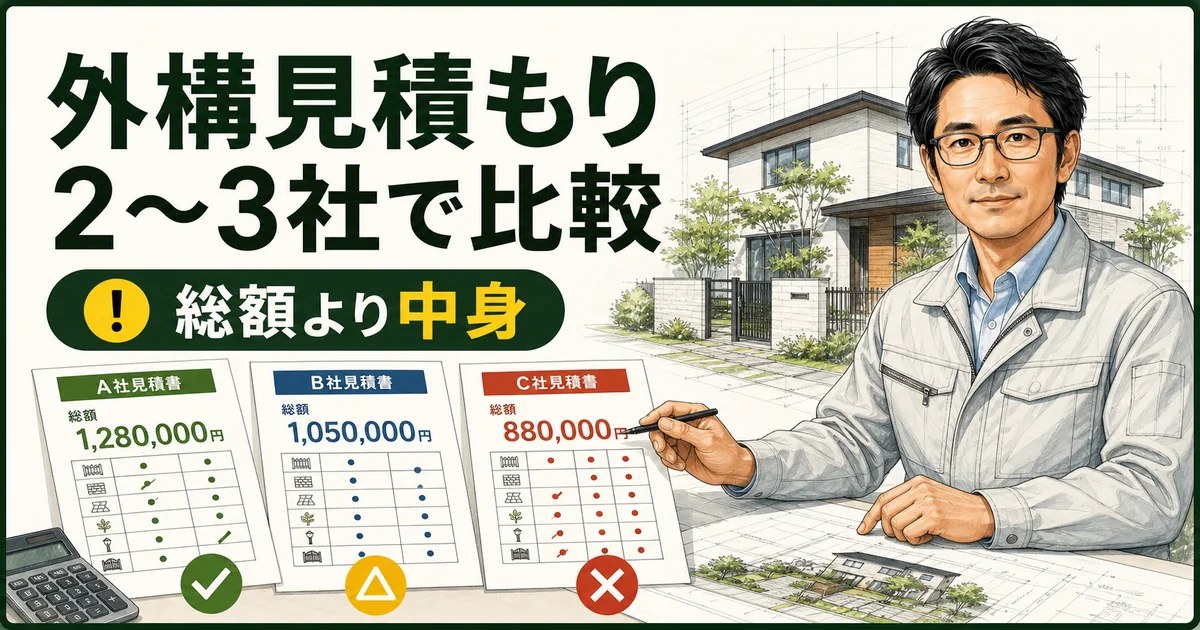 外構見積もり3社を比較する住宅の専門家と、総額より中身を見る重要性を示したアイキャッチ画像