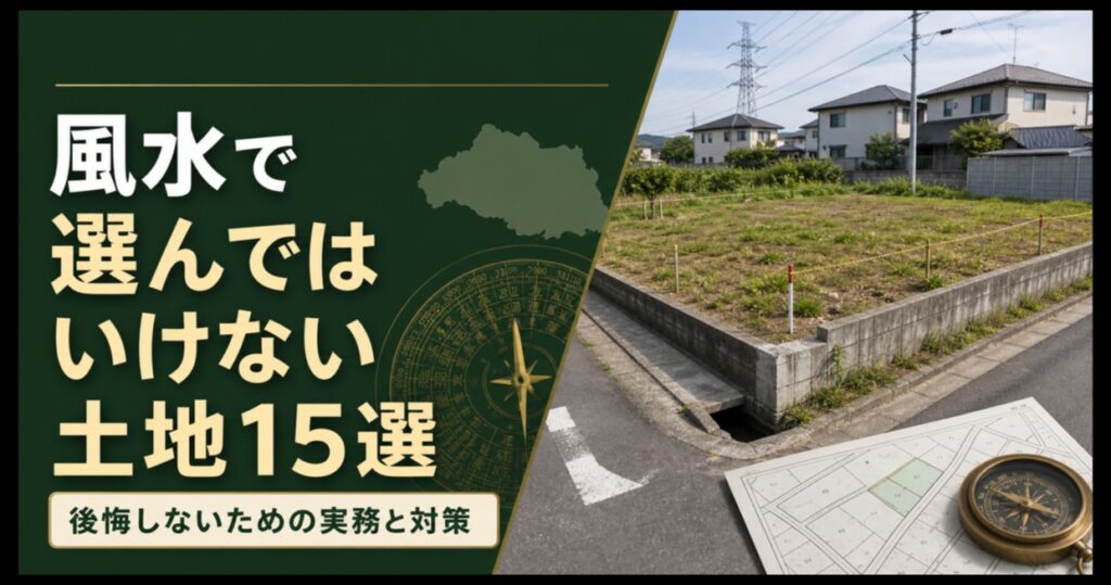 風水で選んではいけない土地15選を示す住宅地と方位盤のアイキャッチ画像