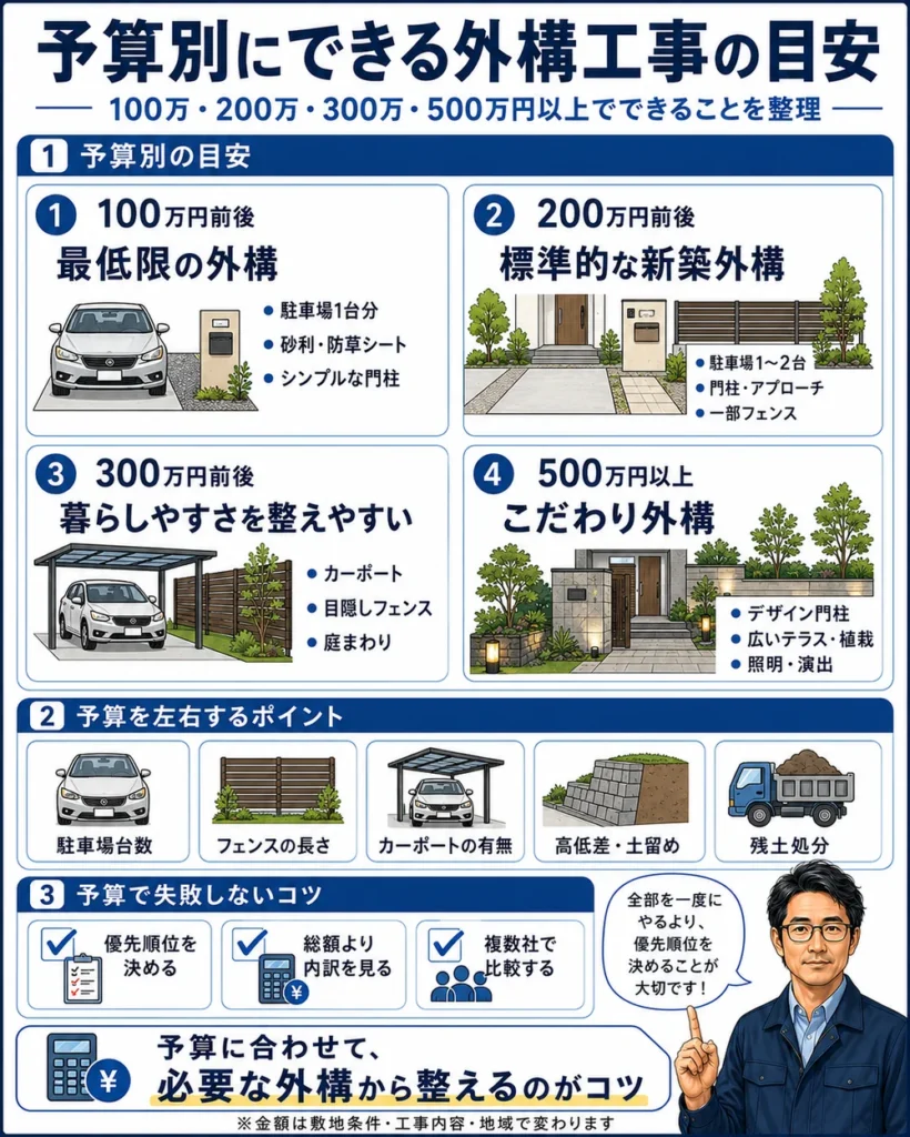 予算別にできる外構工事の目安として、100万円・200万円・300万円・500万円以上でできる内容を整理したインフォグラフィック