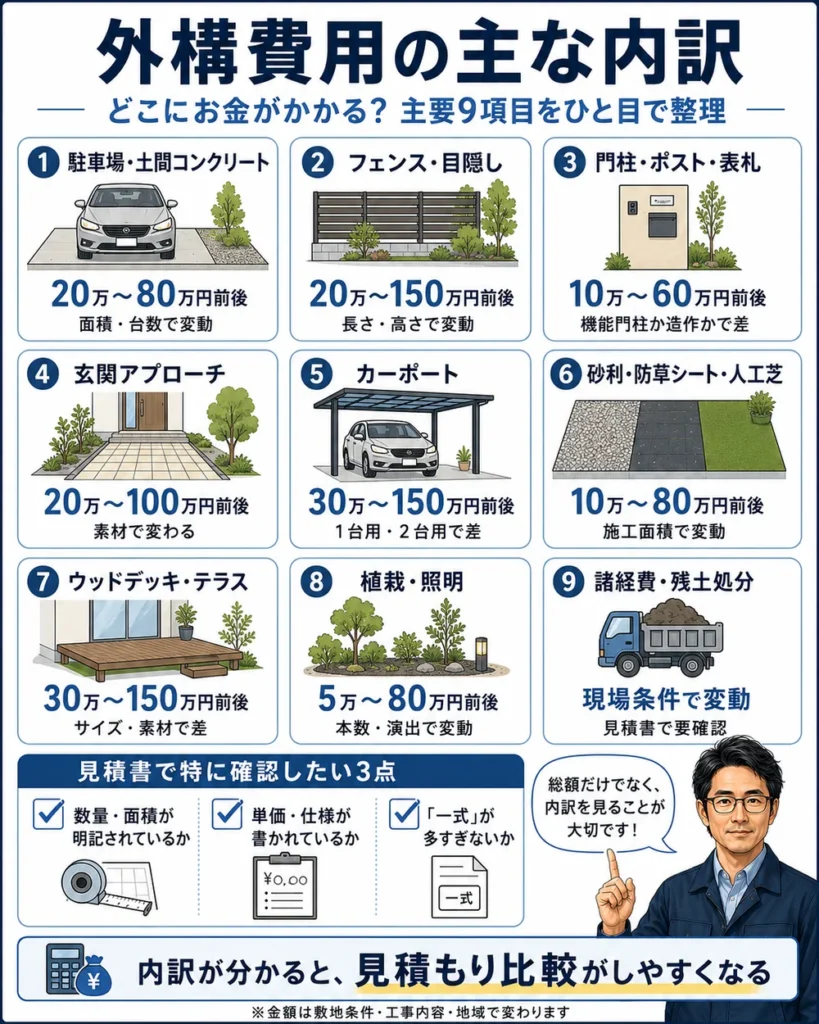 外構費用の主な内訳として、駐車場・土間コンクリート、フェンス、門柱、玄関アプローチ、カーポートなど9項目の費用目安をまとめたインフォグラフィック