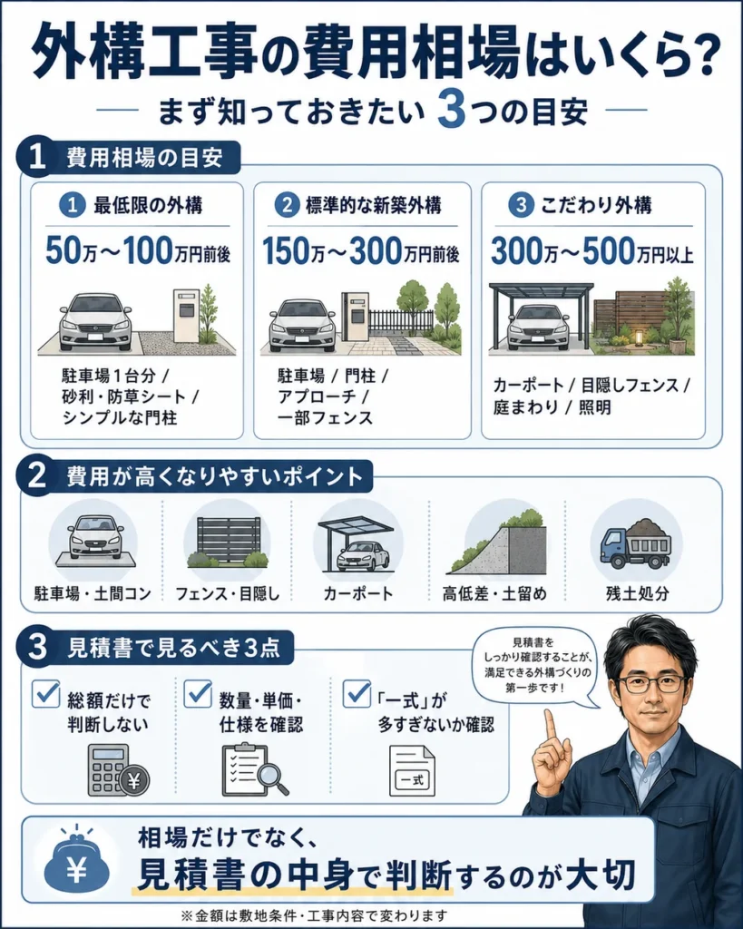 外構工事の費用相場を、最低限の外構・標準的な新築外構・こだわり外構の3段階で説明したインフォグラフィック
