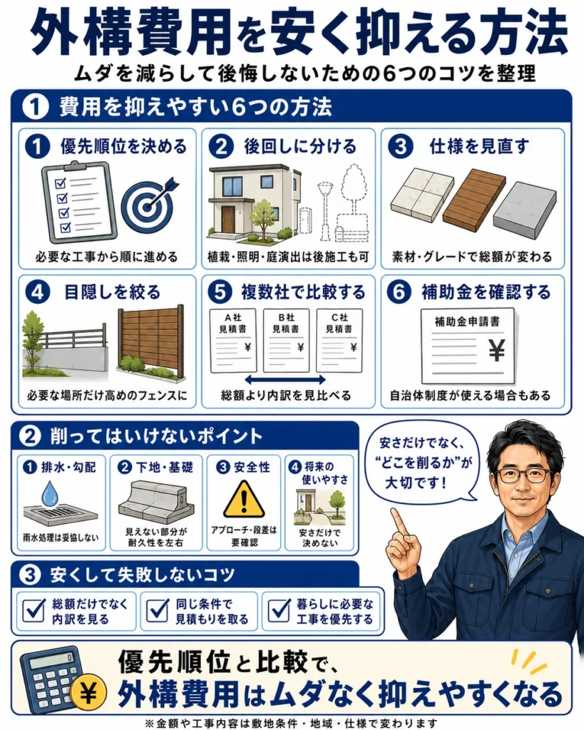 外構費用を安く抑える方法として、優先順位を決める、後回しに分ける、仕様を見直す、目隠しを絞る、複数社で比較する、補助金を確認する、の6つを整理したインフォグラフィック