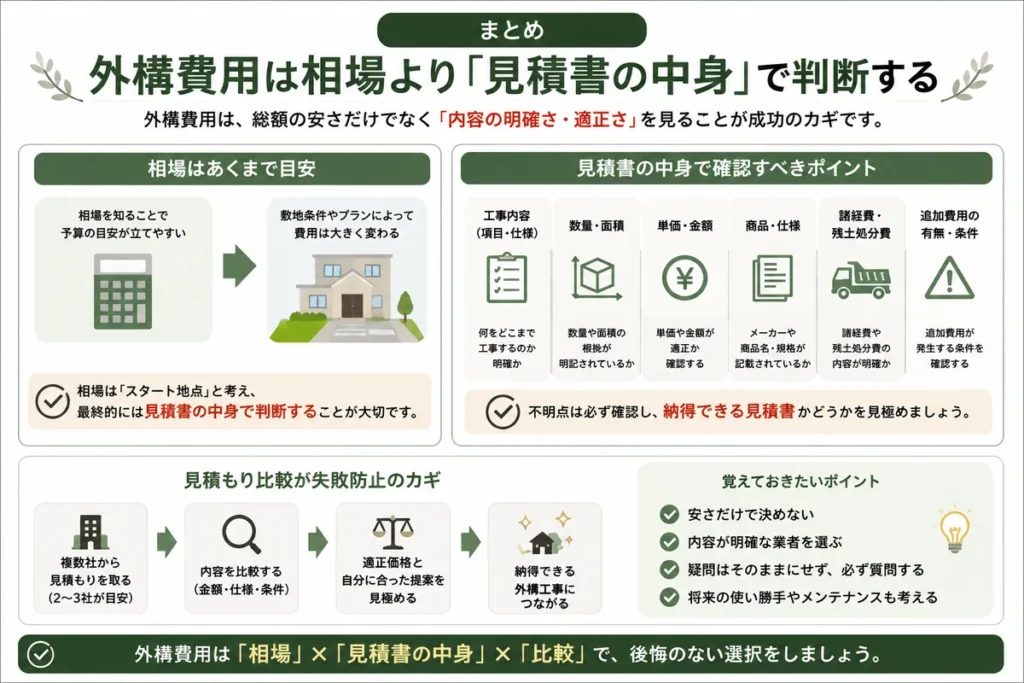 外構費用は相場だけでなく見積書の中身で判断することを説明したまとめ用インフォグラフィック