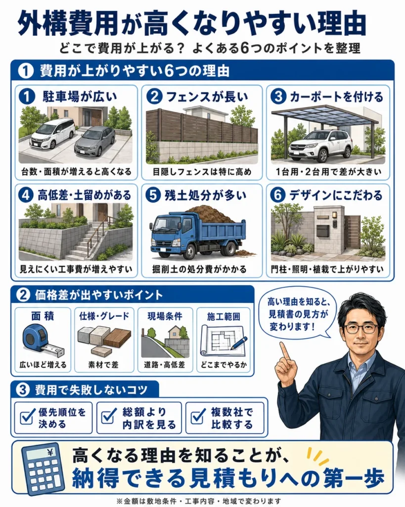 外構費用が高くなりやすい理由として、駐車場の広さ、フェンスの長さ、カーポート、高低差、残土処分、デザイン性の6項目を整理したインフォグラフィック