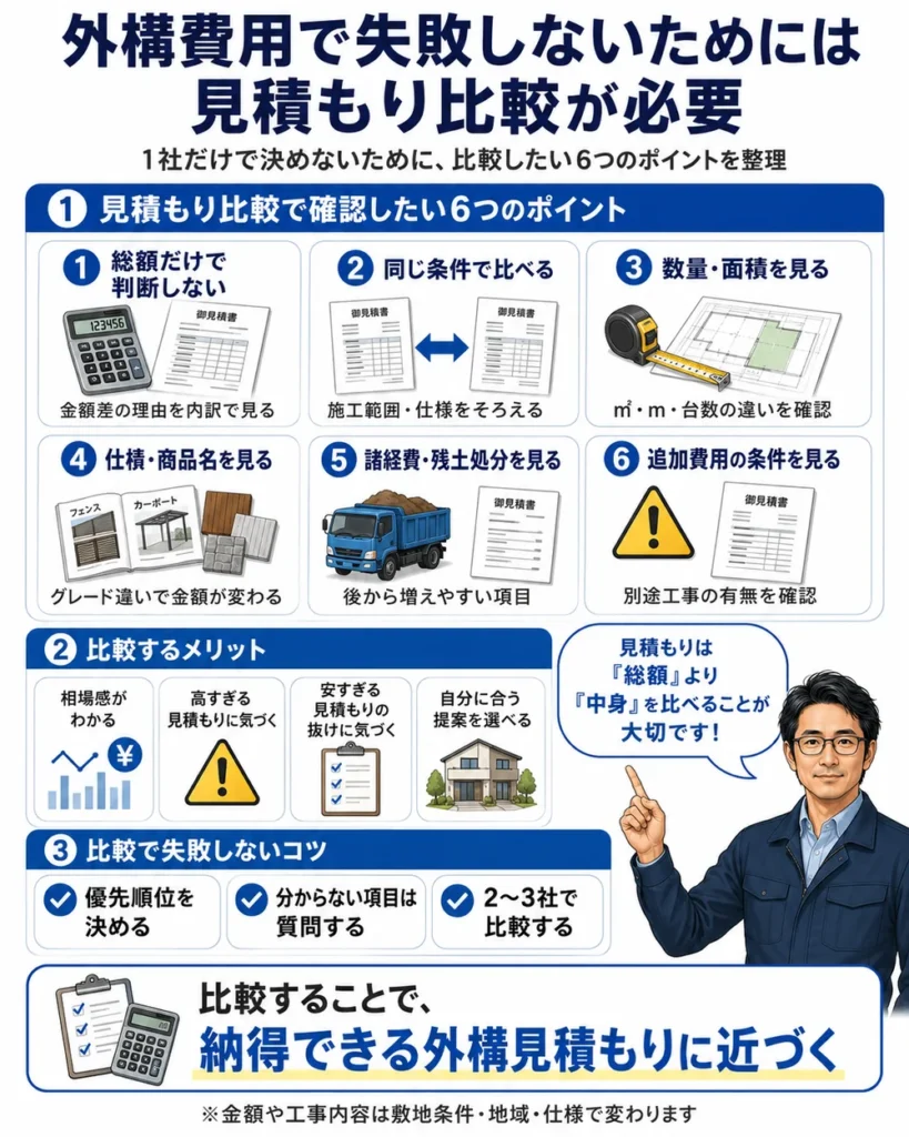 外構費用で失敗しないために、見積もり比較で確認したい総額、条件、数量、仕様、諸経費、追加費用の6項目を整理したインフォグラフィック
