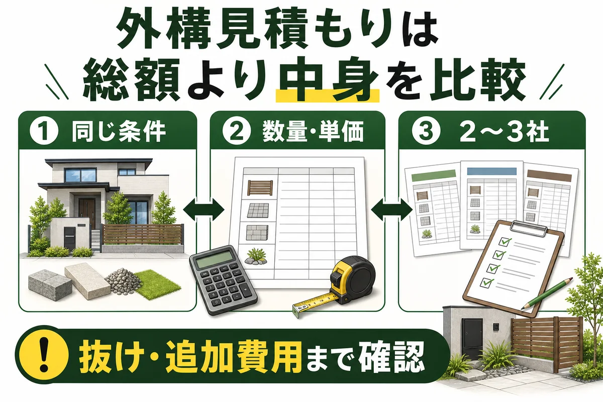 外構見積もりは同じ条件で数量と単価をそろえ、2〜3社で比較することを示したまとめ画像