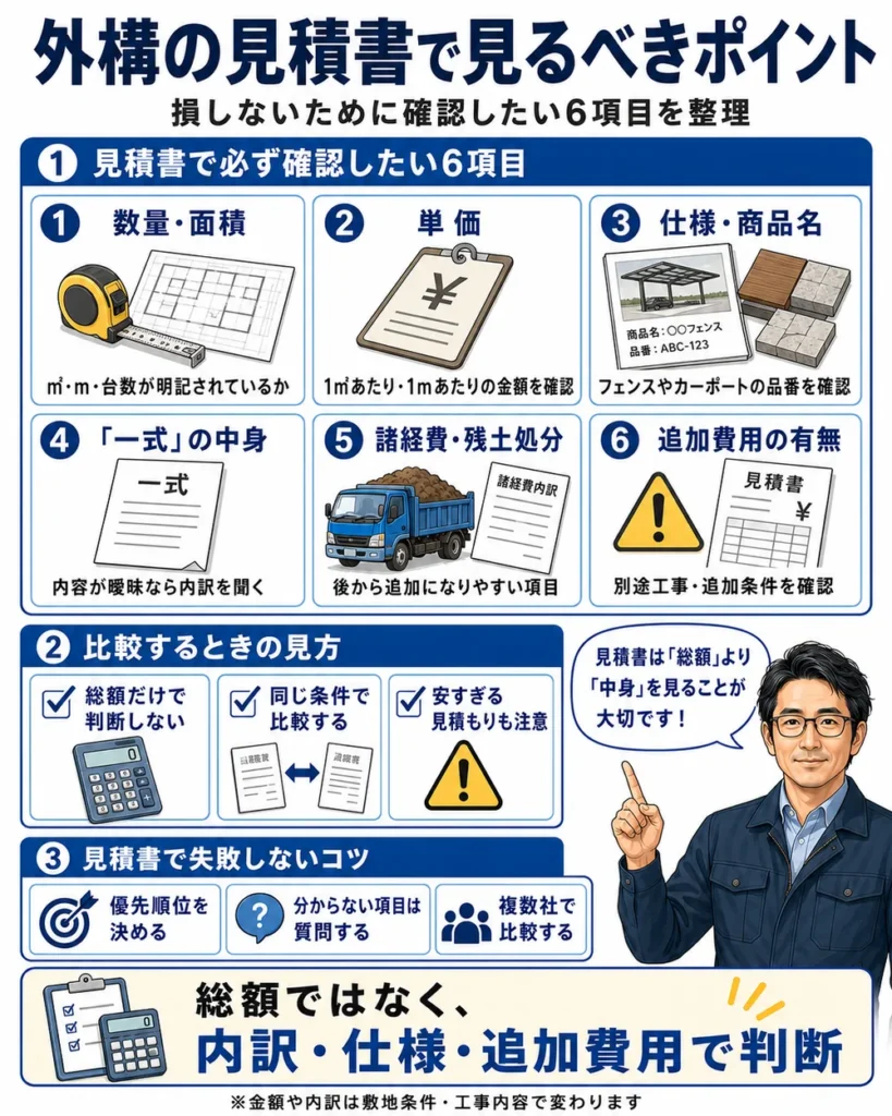 外構の見積書で見るべきポイントとして、数量・面積、単価、仕様・商品名、一式の中身、諸経費・残土処分、追加費用の有無を整理したインフォグラフィック