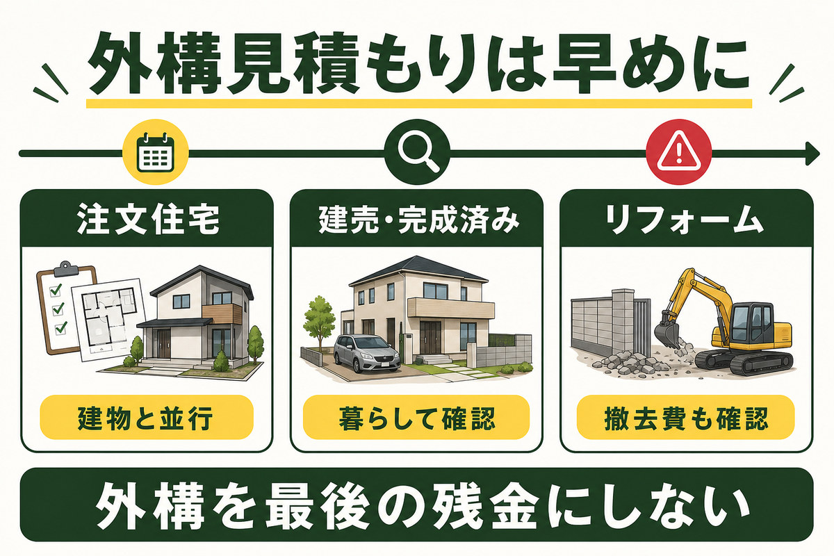 外構の一括見積もりを早めに依頼する流れを示す図解