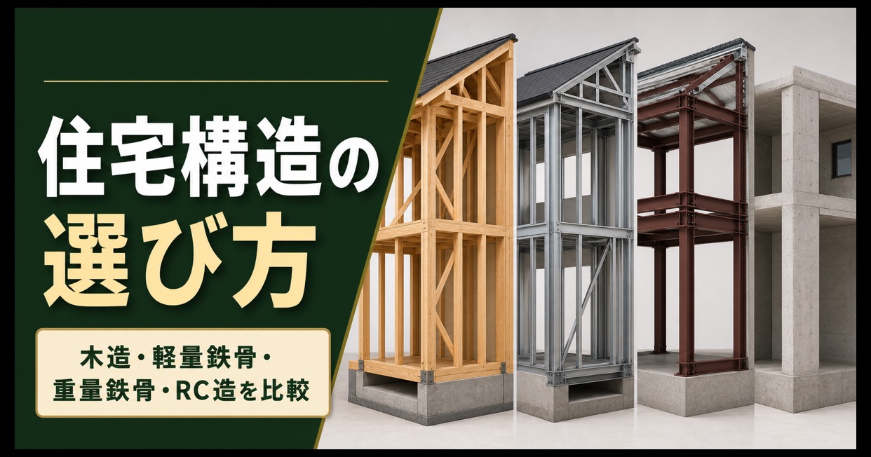 木造と軽量鉄骨造と重量鉄骨造とRC造の住宅構造を比較する画像