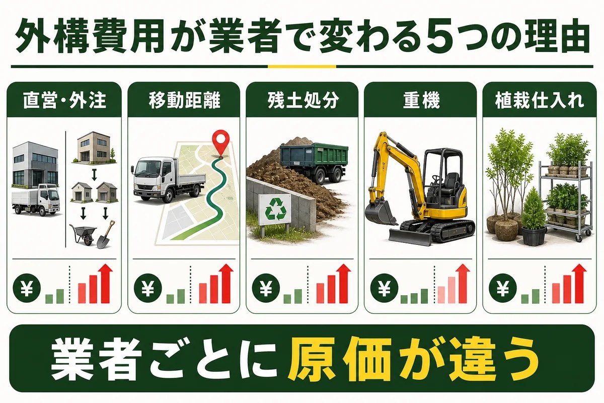 外構費用が業者によって変わる理由として、直営・外注、移動距離、残土処分、重機、植栽仕入れの5項目を示す図解