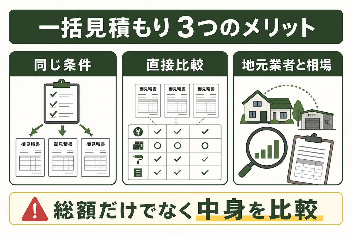 同条件での比較や地元業者探しなど外構一括見積もりのメリットを示す図解