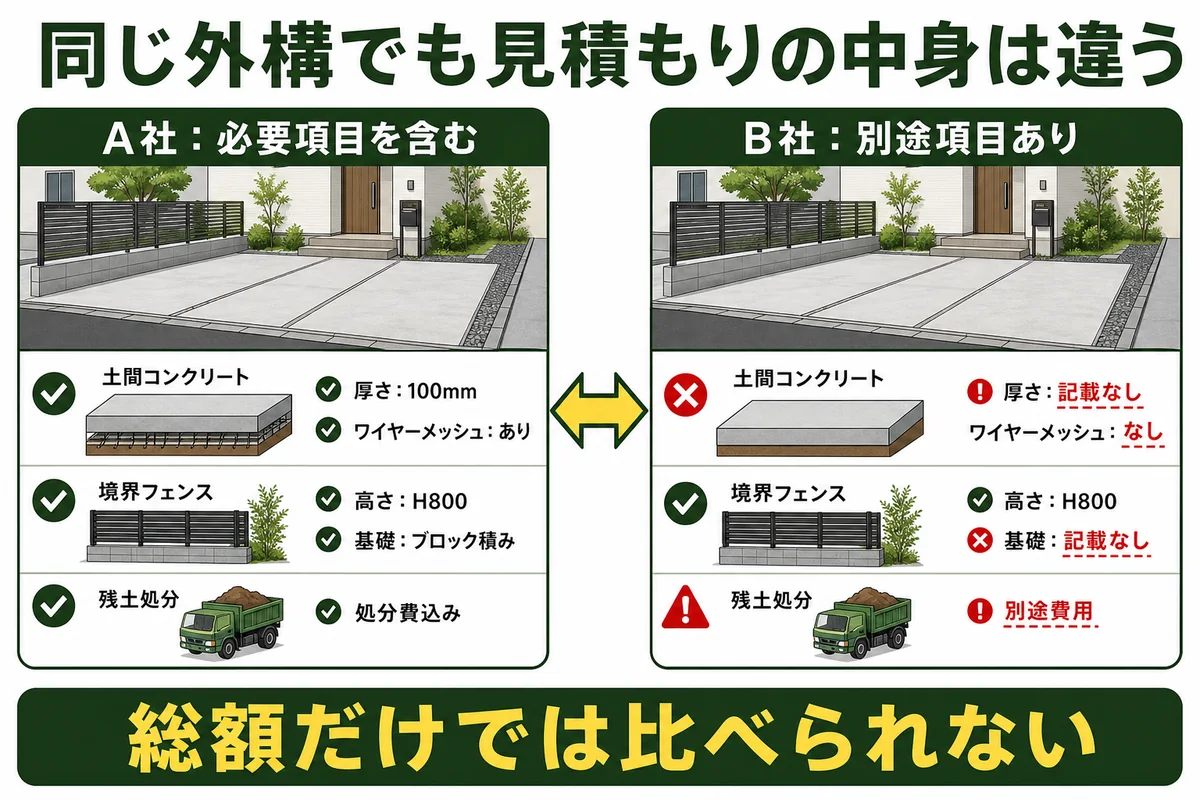 同じ外構工事でも、A社は必要項目を含み、B社は記載なしや別途項目があることを比較した図解