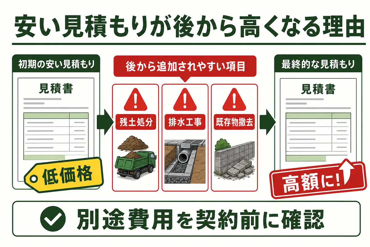 初期の安い外構見積もりに、残土処分、排水工事、既存物撤去が追加されて高額になる流れを示す図解