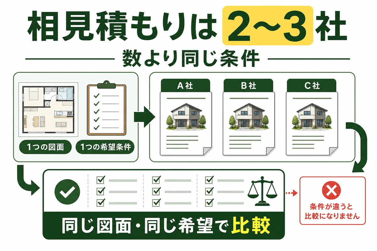 同じ図面と希望条件を使って、外構見積もりを2〜3社から取り比較する方法を示す図解