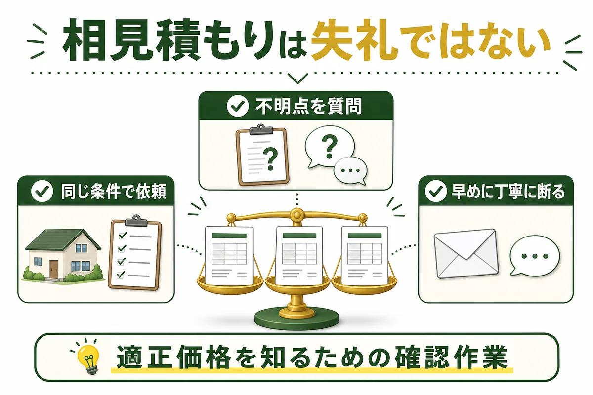 相見積もりでは同じ条件で依頼し、不明点を質問し、選ばない業者へ早めに丁寧に断ることを示す図解