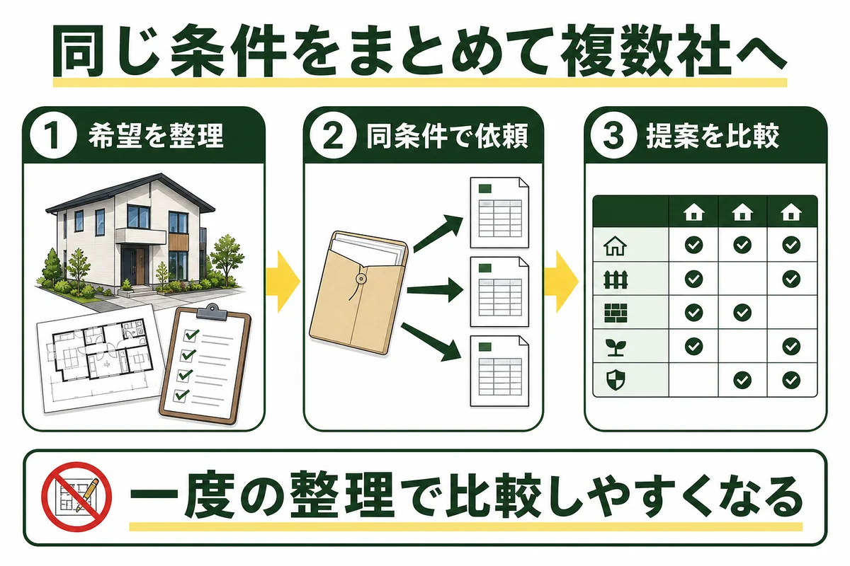外構の希望を整理し、同じ条件で複数社へ依頼して、届いた提案を比較する3ステップの図解